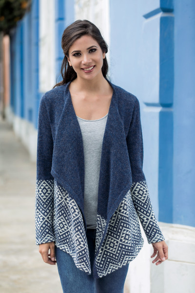100% alpaca cardigan, 'Diamond Constellations' - Blue Alpaca Cardigan with Diamond Glyphs Knitted in Peru