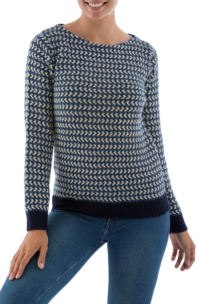 Women's Dark Blue and White Alpaca Sweater Knitted in Peru - Blue Order ...
