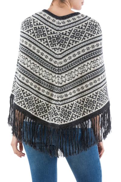 100% alpaca poncho, 'Inca Fantasy' - Modern Peruvian Poncho in Black Grey Ivory Alpaca Wool