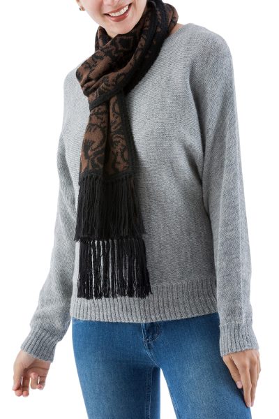 Reversible alpaca blend scarf, 'Walnut Espresso' - Brown Floral Jacquard Reversible Alpaca Blend Scarf