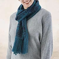 Reversible alpaca blend scarf, 'Turquoise and Blueberry' - Turquoise and Blue Reversible Alpaca Blend Jacquard Scarf