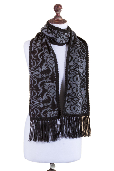 Reversible alpaca blend scarf, 'Licorice Grey' - Alpaca Blend Reversible Floral Black and Grey Jacquard Scarf