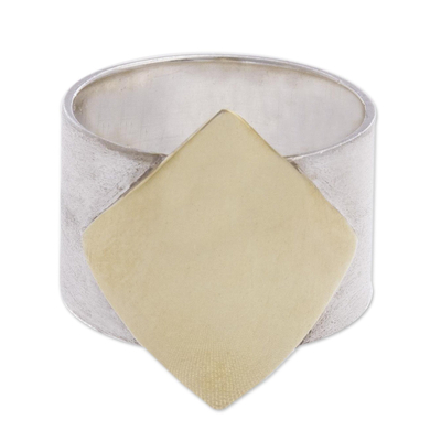 Gold accented sterling silver band ring, 'Golden Diamond' - Hand Crafted Silver and Gold Accent Band Ring from Peru