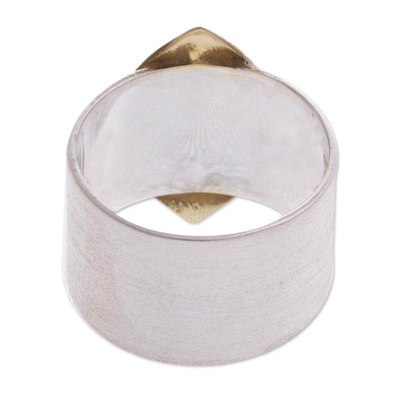 Gold accented sterling silver band ring, 'Golden Diamond' - Hand Crafted Silver and Gold Accent Band Ring from Peru