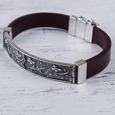 Sterling silver and leather wristband bracelet, 'Butterfly Garden' - Sterling Silver and Leather Wristband Bracelet from Peru