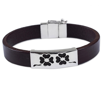 Sterling silver and leather wristband bracelet, 'Twin Clovers' - Sterling Silver and Leather Wristband Bracelet from Peru