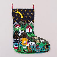 Applique Christmas stocking, 'Village Nativity' - Handcrafted Andean Applique Christmas Stocking