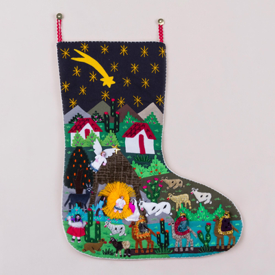 Applique Christmas stocking, 'Village Nativity' - Handcrafted Andean Applique Christmas Stocking