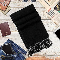 Alpaca blend scarf, 'Ebony Gift of Warmth' - Woven Alpaca Blend Scarf for Men in Solid Black