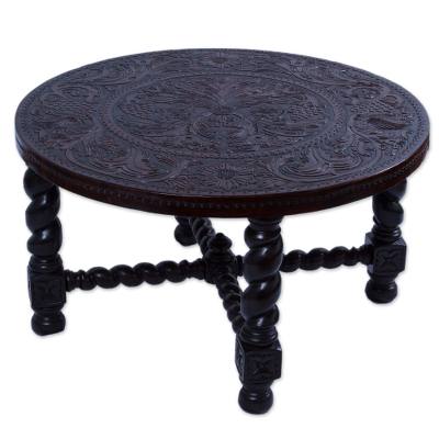 Wood and leather accent table, 'Colonial Inspiration' - Artisan Crafted Wood and Leather Table with Bird Motif