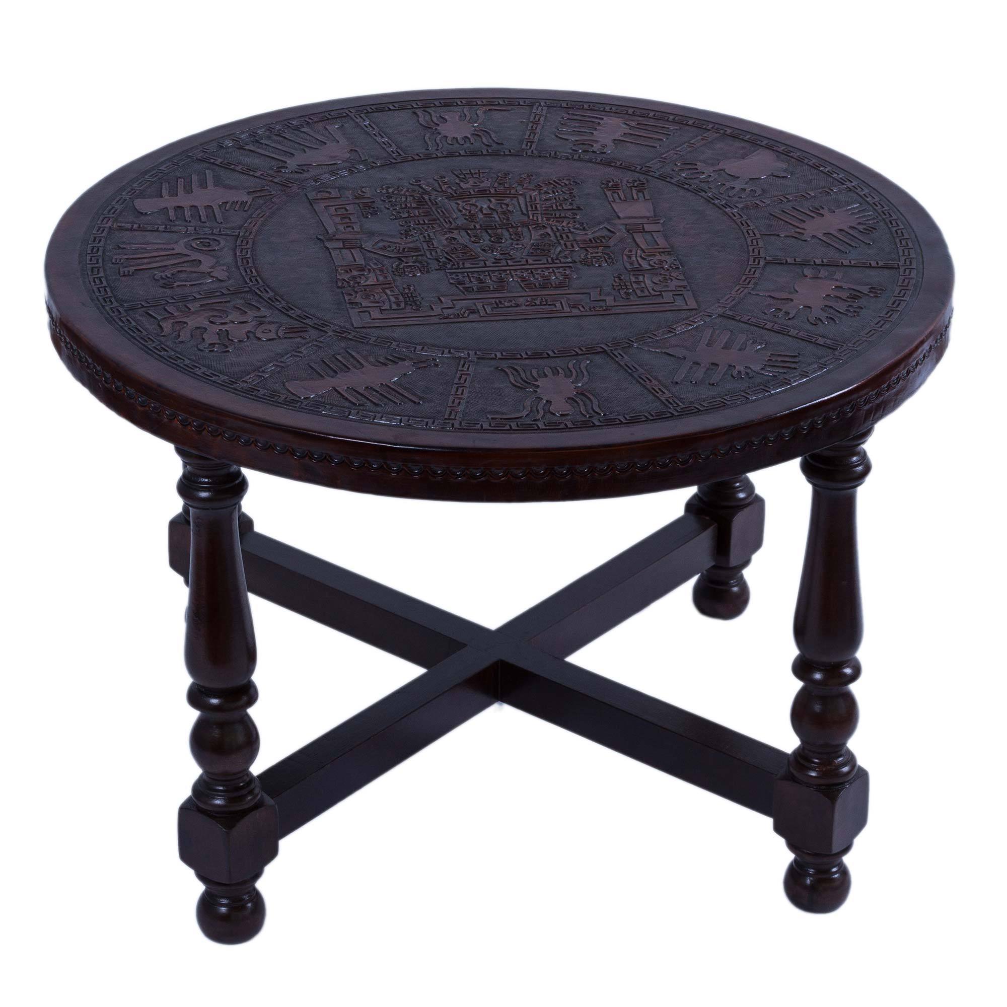 Hand Carved Wood and Leather Round Accent Table from Peru Traditional