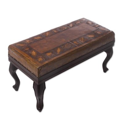Wood and leather bench, 'Nazca Path' - Artisan Crafted Wood and Leather Bench with Nazca Motif