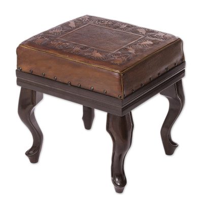 Wood and leather stool, 'Nazca Pride' - Hand Crafted Wood and Leather Bench with Nazca Line Motif
