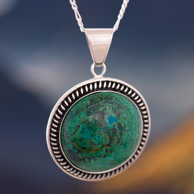 Chrysocolla pendant necklace, 'Moon Over Lima' - Andean Chrysocolla Sterling Silver Pendant Necklace