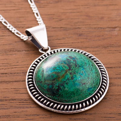Chrysocolla pendant necklace, 'Moon Over Lima' - Andean Chrysocolla Sterling Silver Pendant Necklace