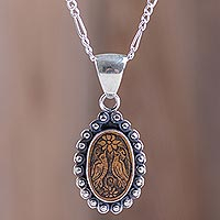 Sterling silver and mate gourd pendant necklace, 'Lovebird Bower' - Sterling Silver Bird Necklace with Engraved Dried Gourd