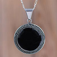Obsidian pendant necklace, 'Moon Over Lima' - Sterling Silver Pendant Necklace with Andean Obsidian
