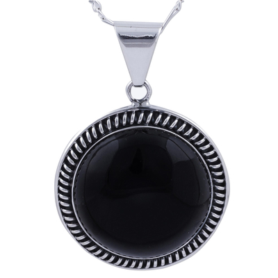 Obsidian pendant necklace, 'Moon Over Lima' - Sterling Silver Pendant Necklace with Andean Obsidian