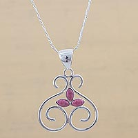 Rhodonite pendant necklace, 'Trio of Petals'
