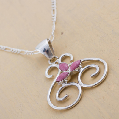 Rhodonite pendant necklace, 'Trio of Petals' - Graceful Necklace of Andean Sterling and Natural Rhodonite