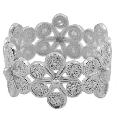 Sterling silver band ring, 'Belt of Flowers' - Hand Crafted Sterling Silver Floral Band Ring from Peru