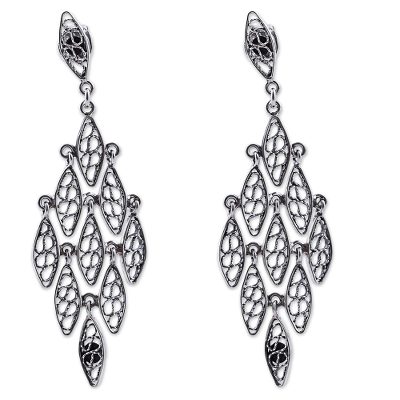 Sterling silver filigree chandelier earrings, 'Falling Leaves of Lace' - Andean Silver Filigree Chandelier Earrings Crafted by Hand