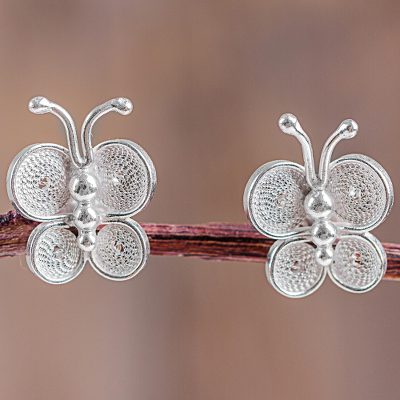 Sterling silver filigree button earrings, 'Bright Baby Butterfly' - Filigree Butterfly Button Earrings in Sterling Silver