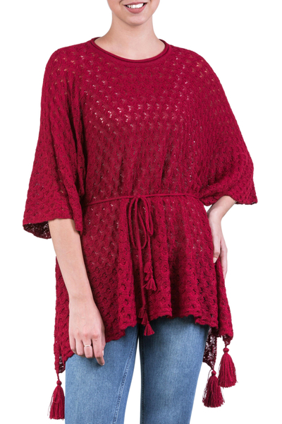 Knit Alpaca Poncho with Tassels in Cherry Red from Peru