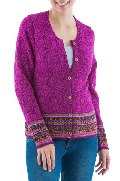 100% alpaca cardigan, 'Andean Spirit in Fuchsia' - 100% Alpaca Cardigan in Fuchsia Floral from Peru