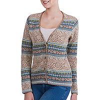 Strickjacke aus 100 % Alpaka, „Peruvian Passion in Tan“ – Strickjacke aus 100 % Alpaka mit hellbraunen Blumenmotiven aus Peru