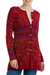 100% baby alpaca cardigan, 'Cherry Romance' - 100% Baby Alpaca Cardigan in Cherry Red Floral from Peru (image 2a) thumbail