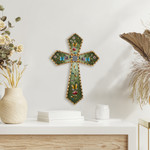 Reverse painted glass cross, 'By the Field of Flowers' - Green Floral Mohena Wood Cross with Mirror from Peru