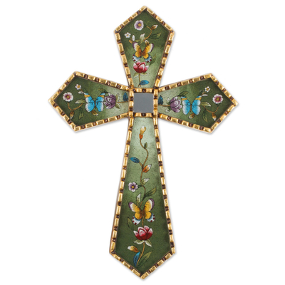 Reverse painted glass cross, 'By the Field of Flowers' - Green Floral Mohena Wood Cross with Mirror from Peru