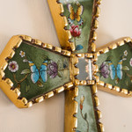 Reverse painted glass cross, 'By the Field of Flowers' - Green Floral Mohena Wood Cross with Mirror from Peru