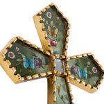 Reverse painted glass cross, 'By the Field of Flowers' - Green Floral Mohena Wood Cross with Mirror from Peru