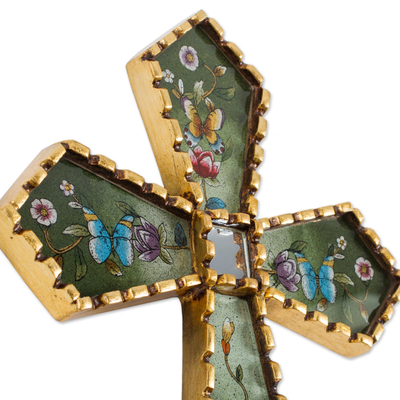Kreuz aus rückseitig bemaltem Glas - Grünes florales Mohena-Holzkreuz mit Spiegel aus Peru