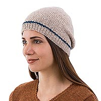 Alpaca blend hat, 'Minimalist by Design in Ecru' - Ecru and Indigo Alpaca Winter Hat Beanie Hand Knit in Peru
