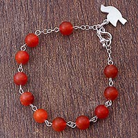 Agate beaded bracelet, 'Dove in Flight' - Red Agate and Silver Beaded Bracelet Dove from Peru
