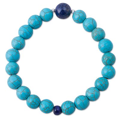 Lapis lazuli beaded stretch bracelet, 'Blue Crest' - Lapis Lazuli Recon Turquoise Beaded Bracelet from Peru
