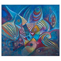 'Rainbow Fish' (2015) - Original Blue Fish Painting in Oils on Canvas from Peru