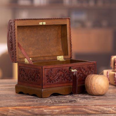 Leather and wood chest, 'Classic Inspiration' - Embossed Leather Leaves on Mohena Wood Treasure Chest Box