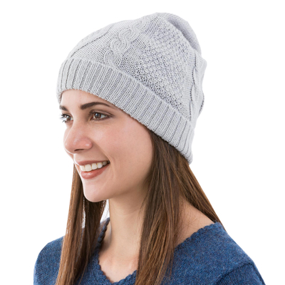 100% alpaca hat, 'Dove Grey Braid' - Knitted Unisex Watch Cap Dove Grey 100% Alpaca from Peru
