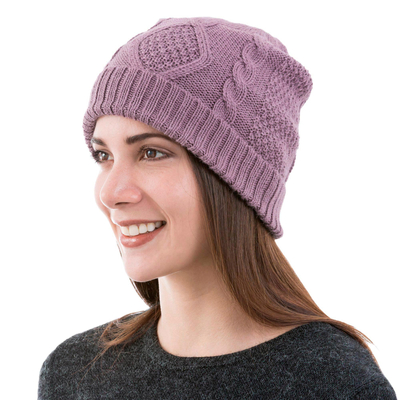 100% alpaca hat, 'Antique Lilac Allure' - Knitted Unisex Watch Cap Dusty Lilac 100% Alpaca from Peru