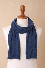 100% alpaca scarf, 'Antique Cable Knit' - Knitted Unisex Scarf in Azure 100% Alpaca from Peru