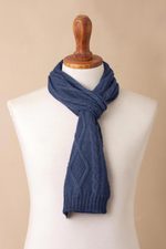 100% alpaca scarf, 'Antique Cable Knit' - Knitted Unisex Scarf in Azure 100% Alpaca from Peru