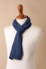 100% alpaca scarf, 'Antique Cable Knit' - Knitted Unisex Scarf in Azure 100% Alpaca from Peru