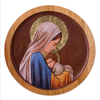 Cedar relief panel, 'Our Lady of Tenderness' - Tender Portrait of Mary and Baby Jesus Handcarved in Cedar