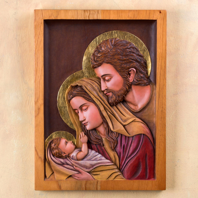 Cedar relief panel, 'Holy Family' - Holy Family Cedar Wood Wall Relief Panel Peru Christian Art