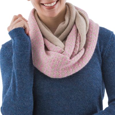 Alpaca blend infinity scarf, 'Rosy Wrap' - Pastel Pink Pale Beige Alpaca Blend Infinity Scarf from Peru
