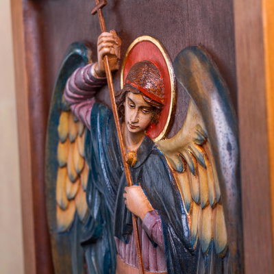 Reliefplatte aus Zedernholz - Heilige Michael und Drache religiöse Wandkunst Zedernholzplatte